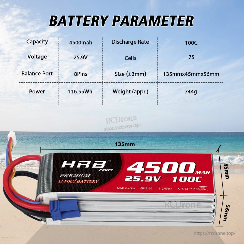 HRB 4500mAh 7S 25.9V 100C LiPo battery parameter chart with 135×45×56mm size and 744g weight