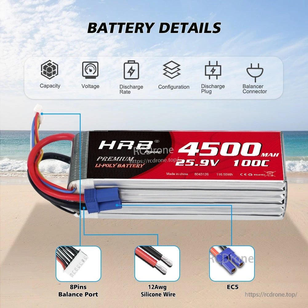 Battery details highlight: 8-pin balance port, 12AWG silicone wire, and EC5 discharge connector on the pack