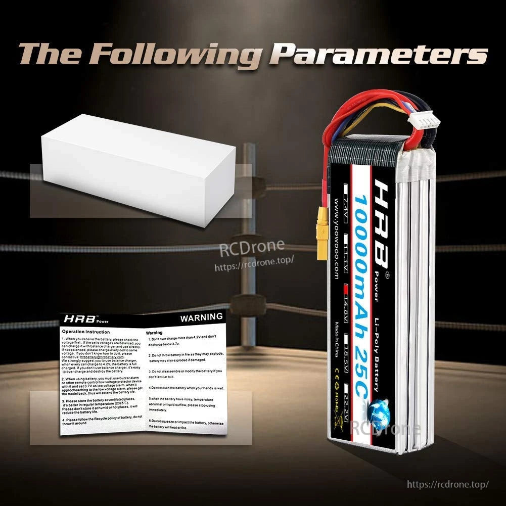 Package contents graphic with white box and safety/warning sheet alongside the 10000mAh 25C battery