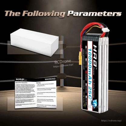Package contents graphic with white box and safety/warning sheet alongside the 10000mAh 25C battery