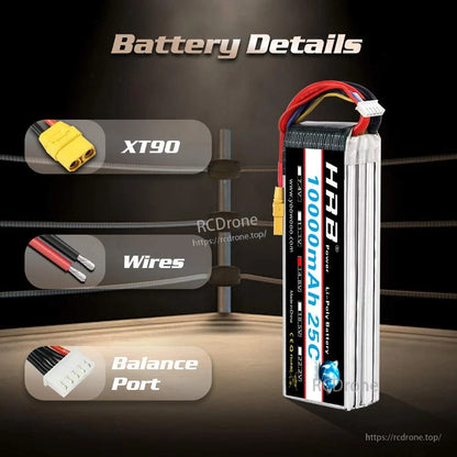 HRB 4S 14.8V 10000mAh 25C LiPo battery details highlighting XT90 connector, wires and balance port