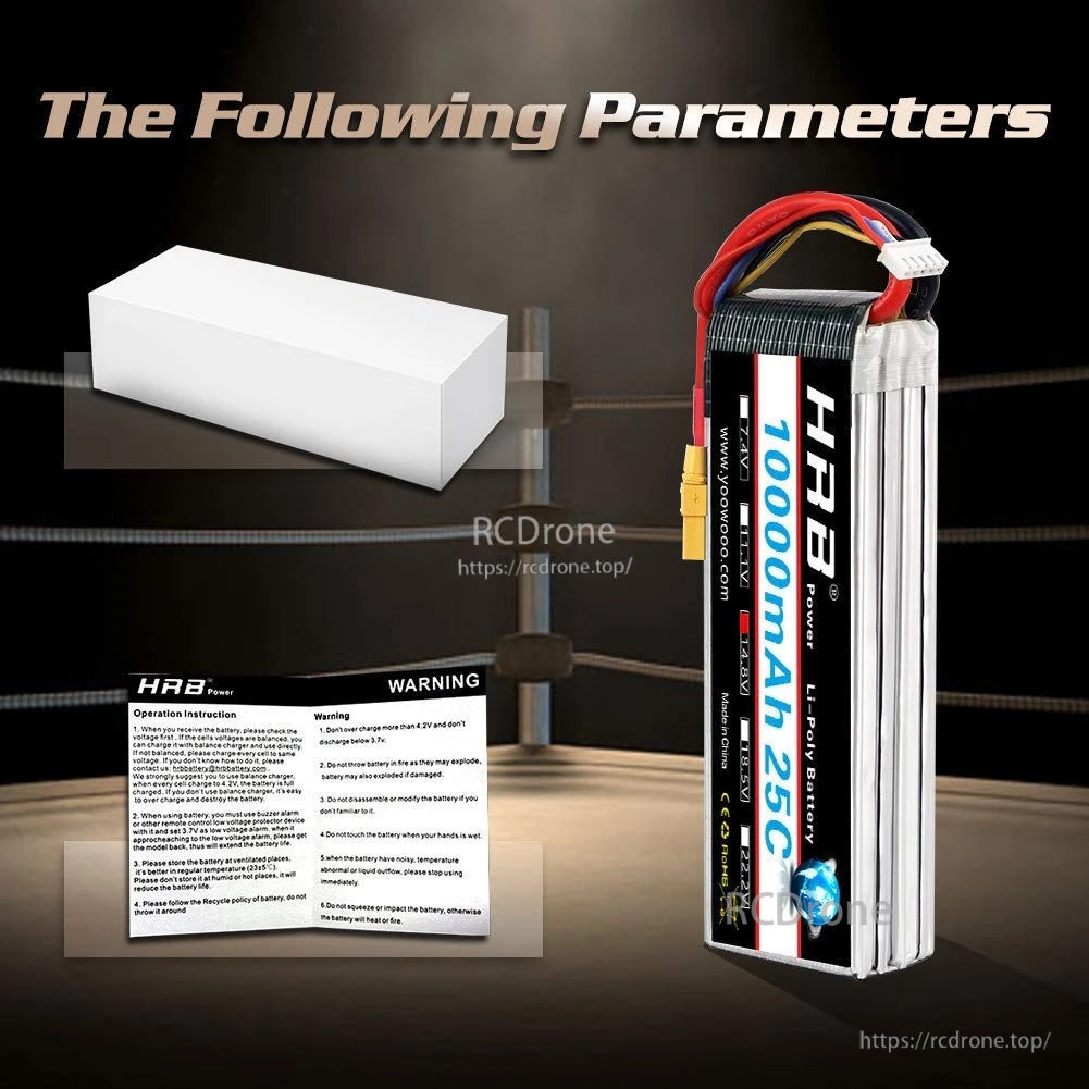 HRB 4S 10000mAh 25C LiPo battery packaging with included box and safety/warning paperwork