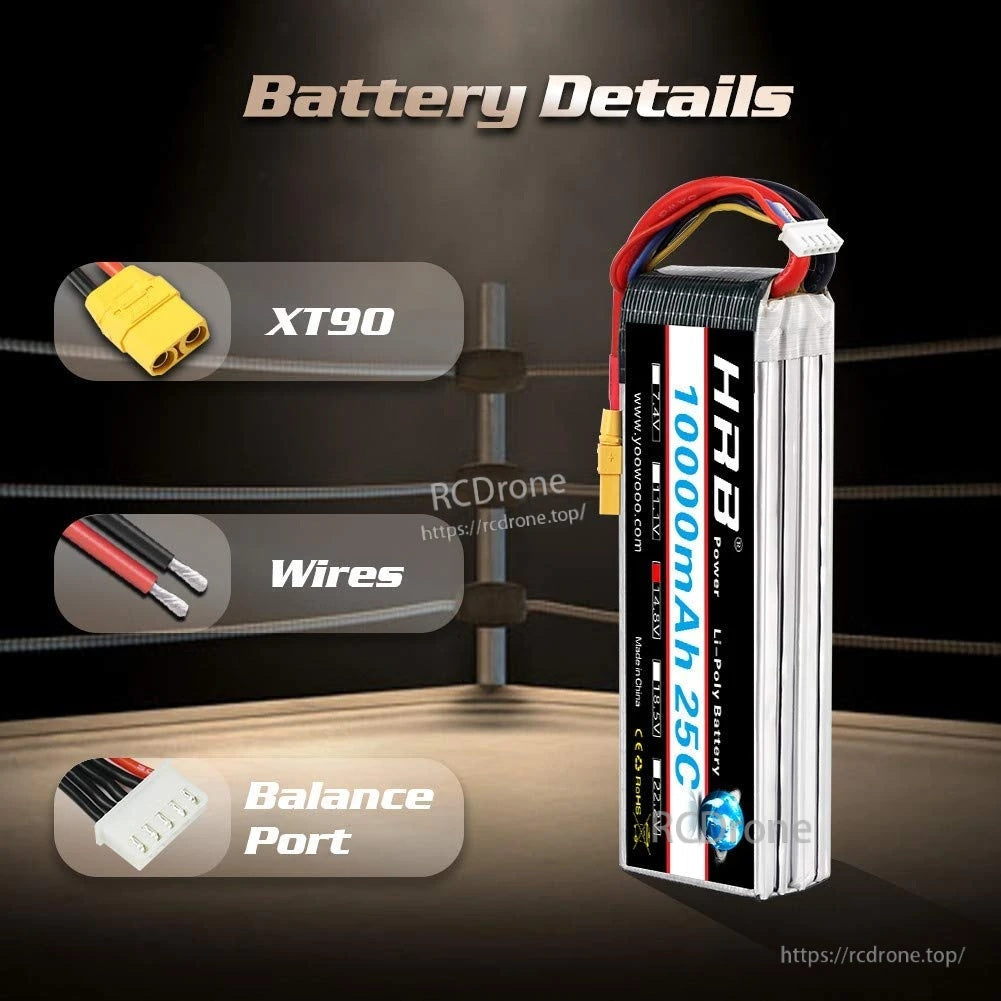 Connector and lead details on HRB 10000mAh 25C pack: XT90 main plug, heavy-duty wires, and balance port