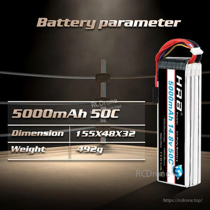 Side view battery parameter graphic with 5000mAh 50C, size 155×48×32 mm and 492 g weight