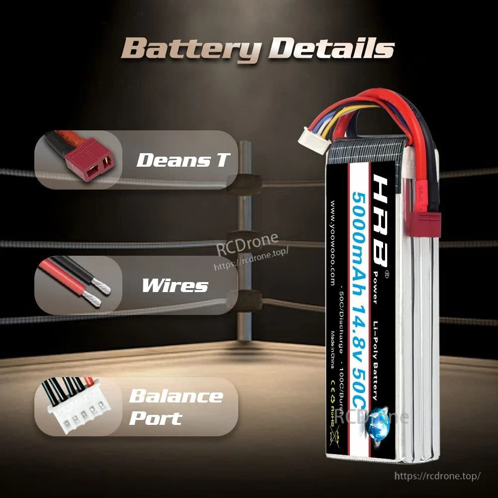 Battery details graphic highlighting Deans T connector, wires, and balance port on HRB 4S pack