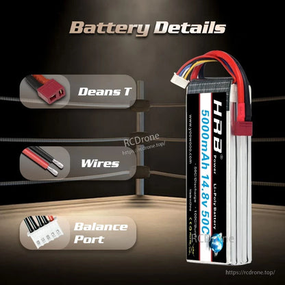 Battery details graphic highlighting Deans T connector, wires, and balance port on HRB 4S pack