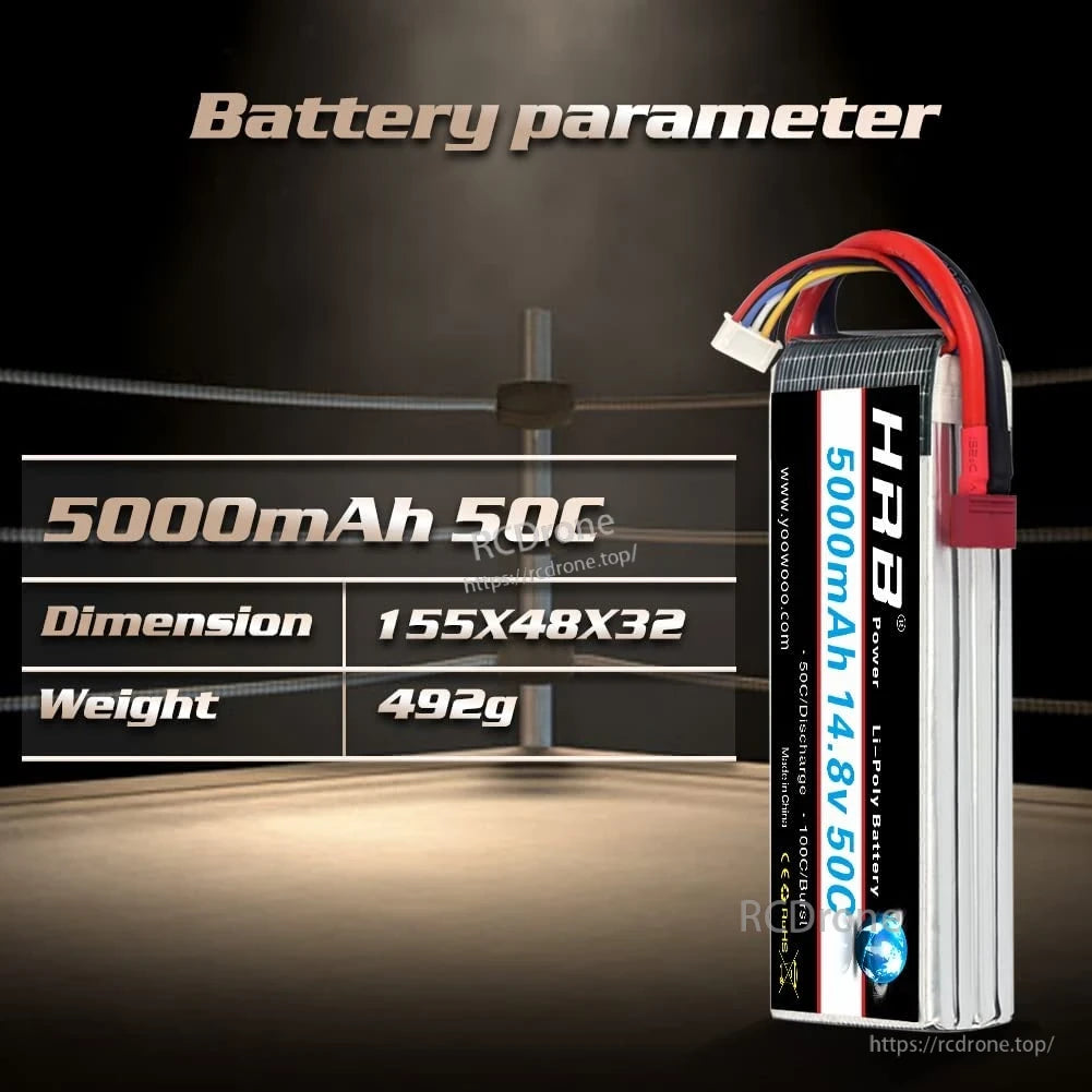 Battery parameter graphic: 5000mAh 50C, dimensions 155×48×32 mm, weight 492 g