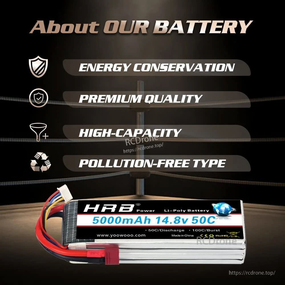 HRB 5000mAh 14.8V LiPo battery with “About our battery” feature callouts on dark background