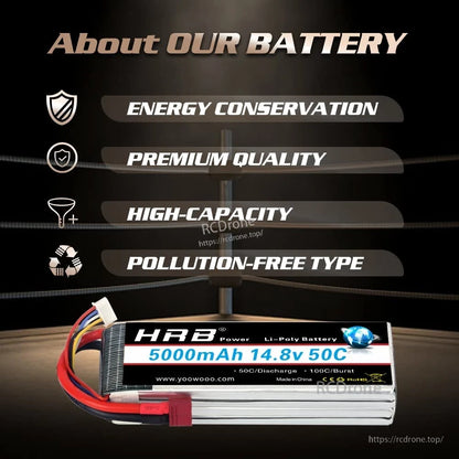 HRB 5000mAh 14.8V LiPo battery with “About our battery” feature callouts on dark background