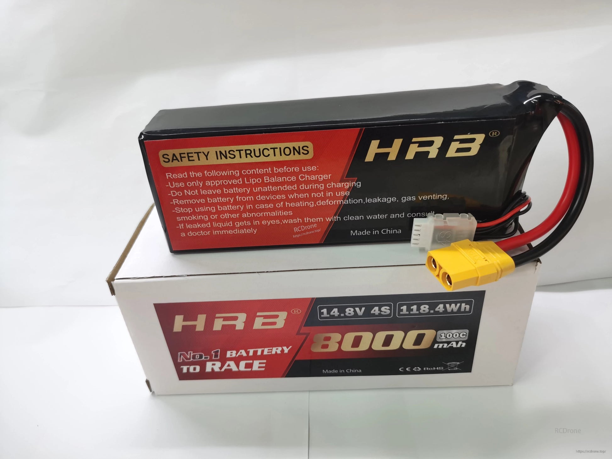 Safety instructions label on HRB LiPo battery, shown above the retail box with XT90 and balance plug