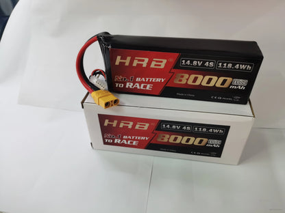 HRB 8000mAh LiPo battery resting on branded box, showing front label and yellow XT90 connector