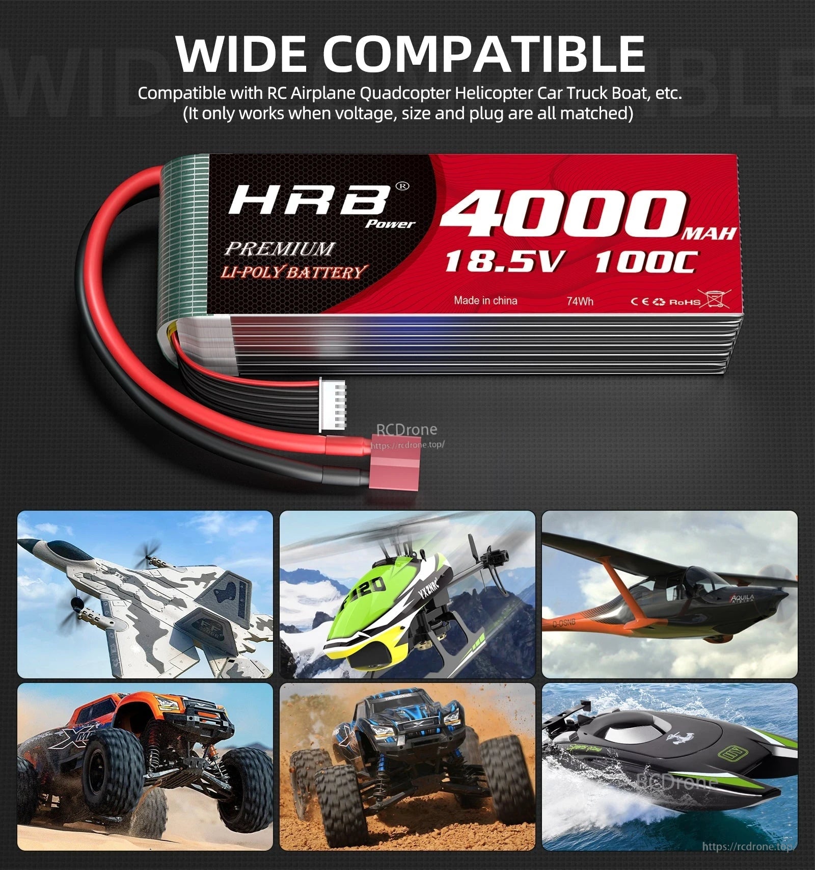 Wide compatible usage graphic showing HRB 4000mAh 18.5V 100C battery for aircraft, helicopter, car, boat