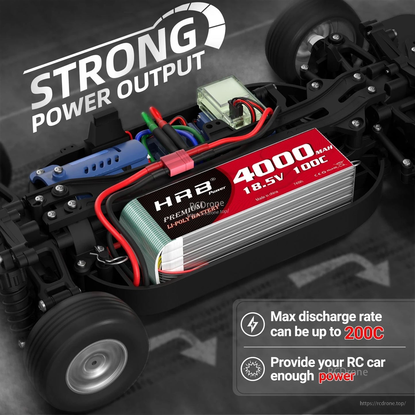 RC car chassis with HRB 4000mAh 18.5V 100C battery installed, “Strong power output” promo graphic