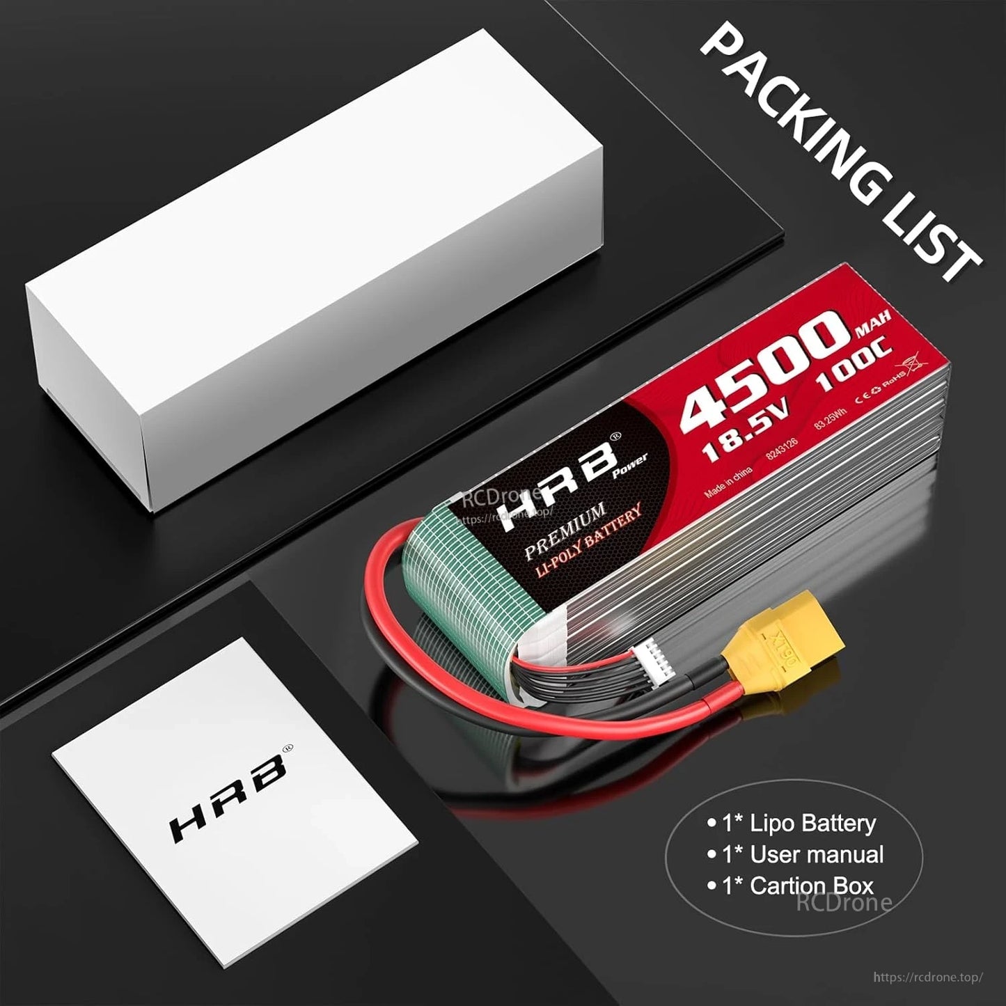Packing list showing HRB 4500mAh 5S LiPo battery, user manual, and carton box