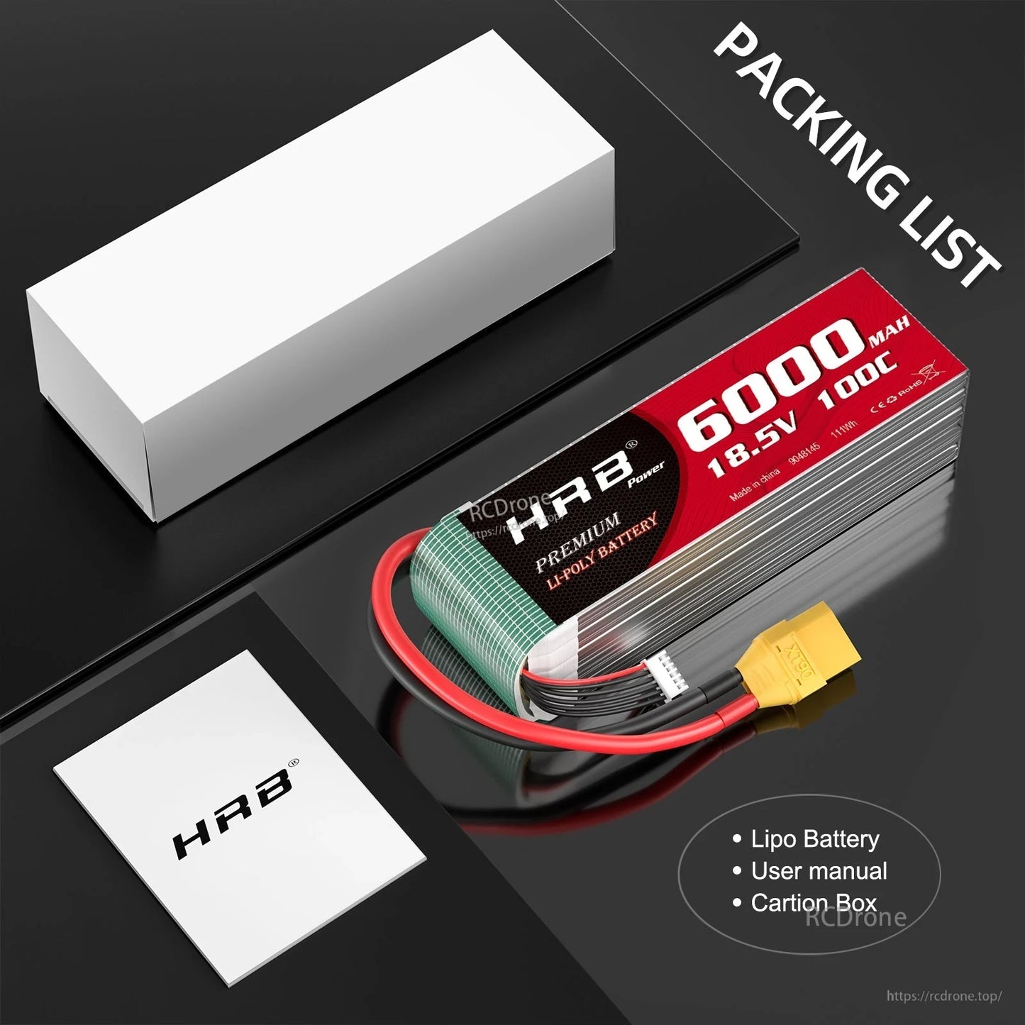 Packing list showing HRB LiPo battery, user manual and carton box