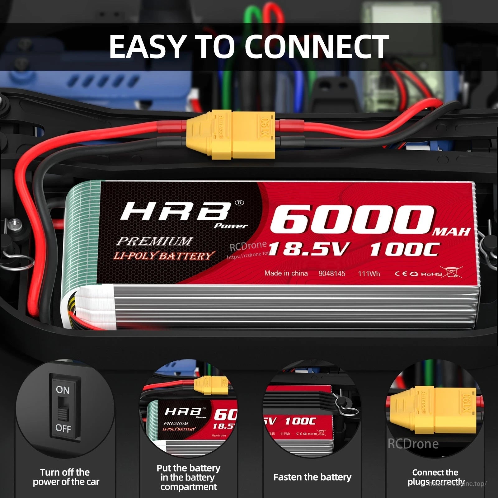 Easy to connect guide showing battery placement and XT90 plug connection steps in an RC car