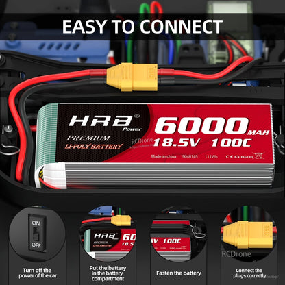 Easy to connect guide showing battery placement and XT90 plug connection steps in an RC car