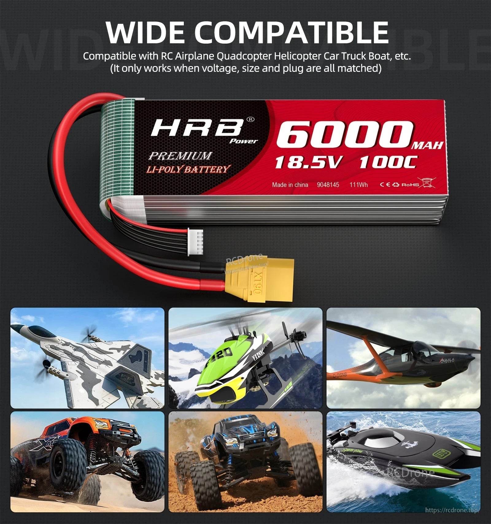 Compatibility graphic showing HRB 6000mAh LiPo for RC airplane, helicopter, car, truck and boat