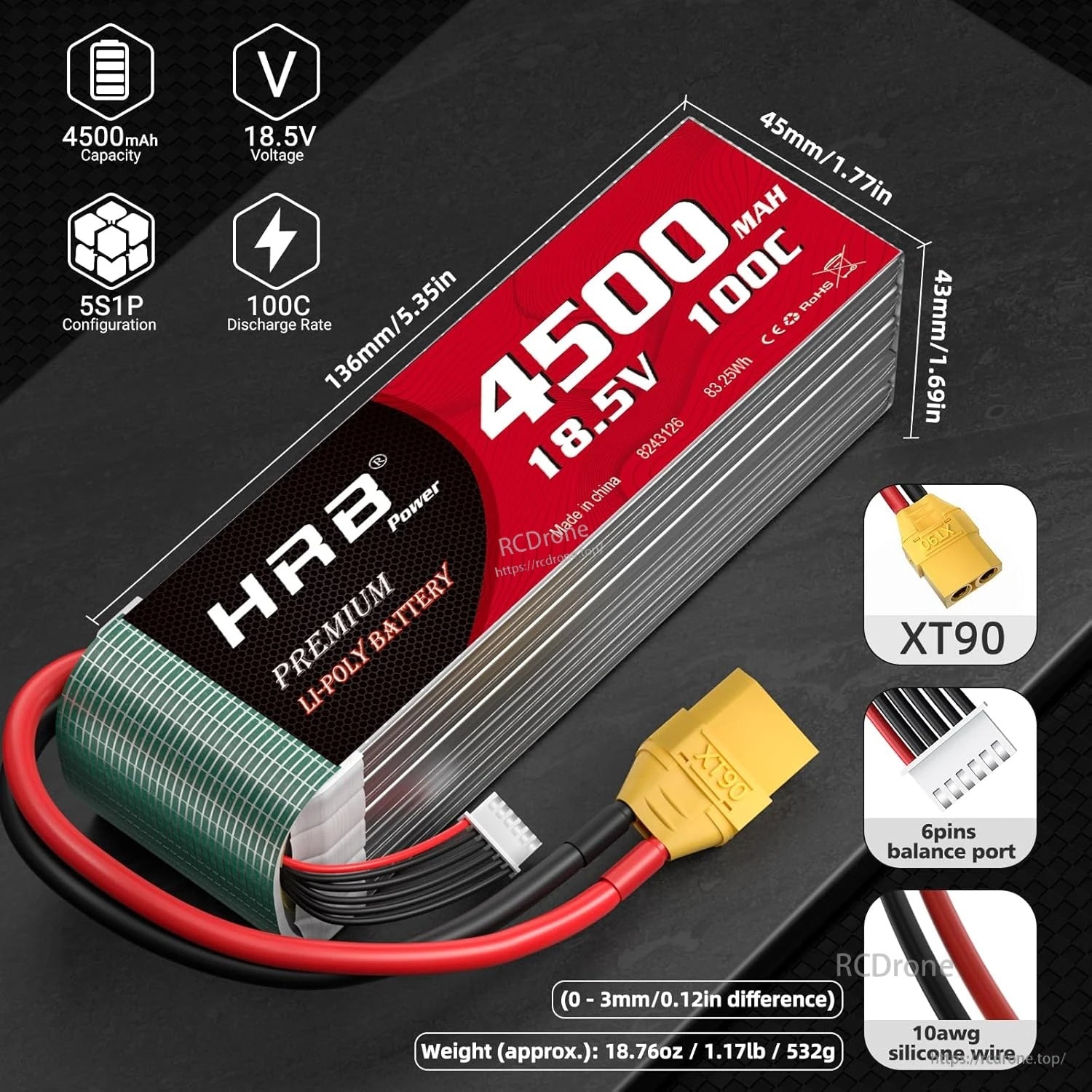 HRB 5S 18.5V 4500mAh 100C LiPo battery with XT90 connector and 6-pin balance lead, size overview