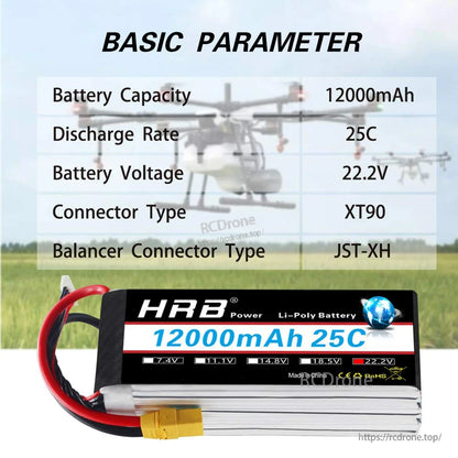 Basic parameter chart for 12000mAh 25C 22.2V LiPo battery, XT90 discharge plug and JST-XH balance