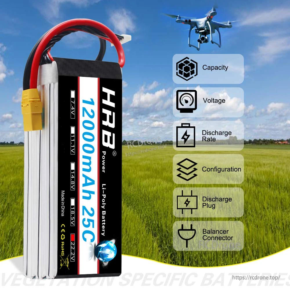 HRB 6S 22.2V 12000mAh 25C LiPo battery with icons for capacity, voltage, discharge rate and connectors