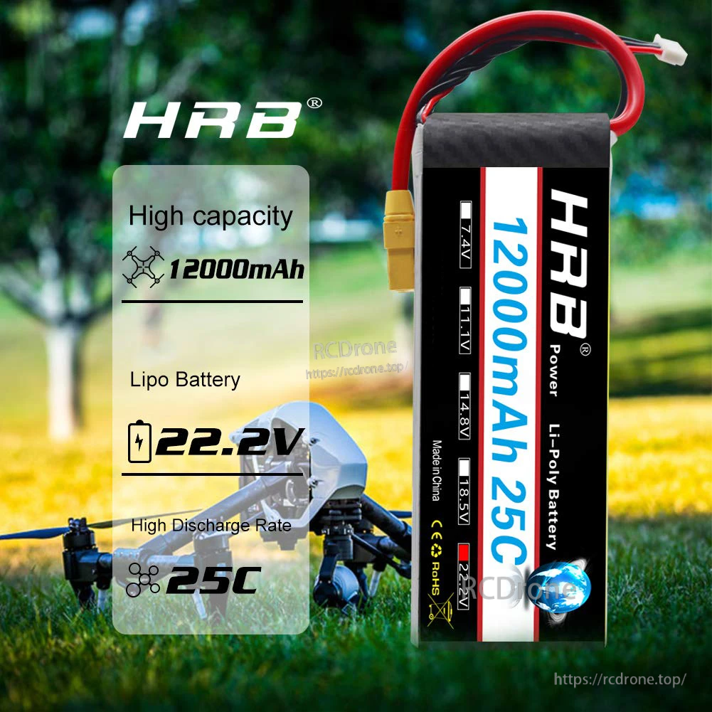 HRB 6S 22.2V 12000mAh 25C LiPo battery pack with high-discharge leads, for RC drone and aircraft power