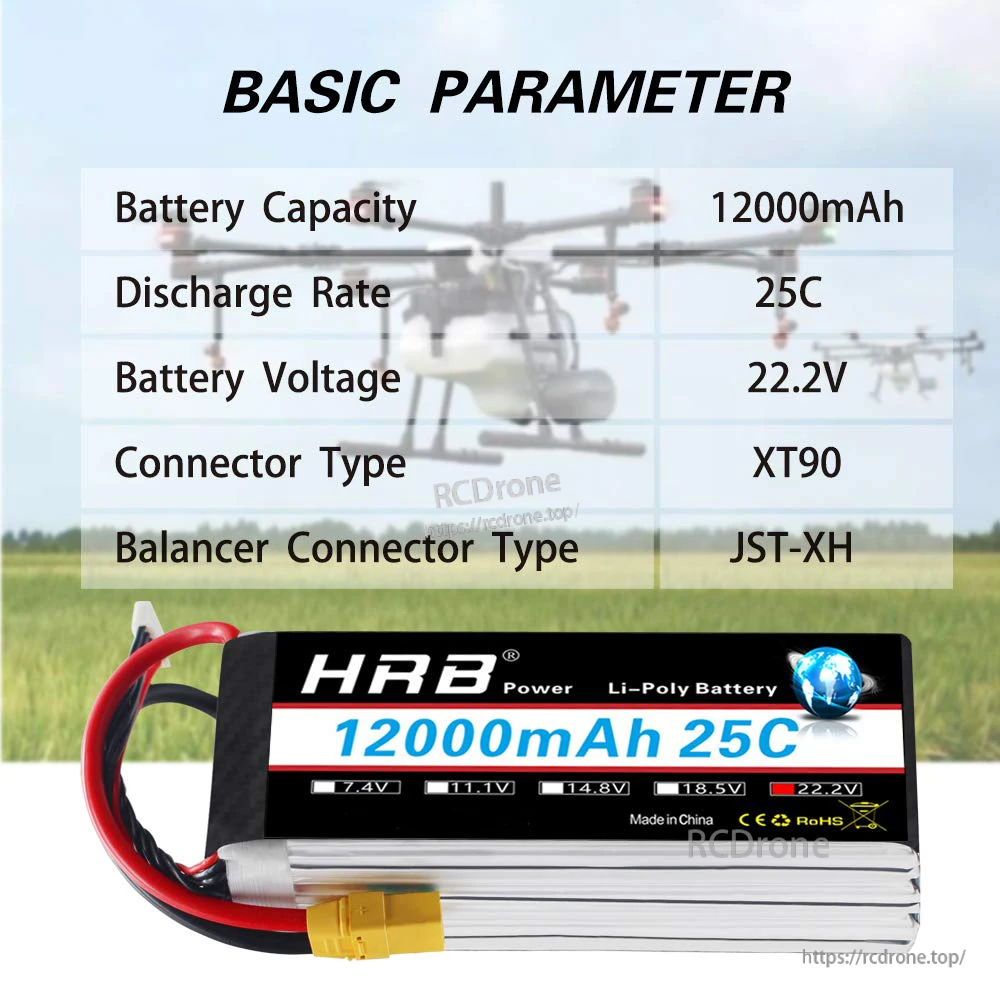 Basic parameter graphic listing 12000mAh capacity, 22.2V voltage, 25C discharge, XT90 plug and JST-XH balance lead