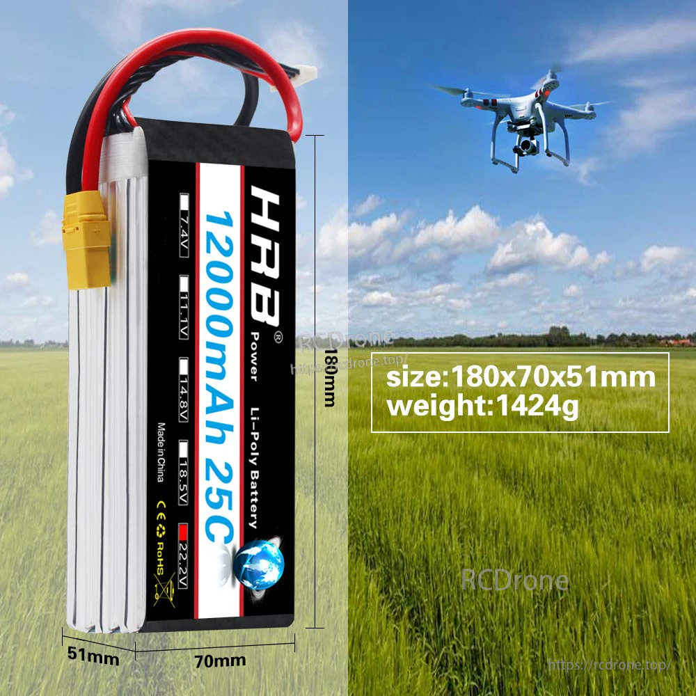 HRB 6S 12000mAh LiPo battery dimensions graphic showing 180×70×51mm size and 1424g weight