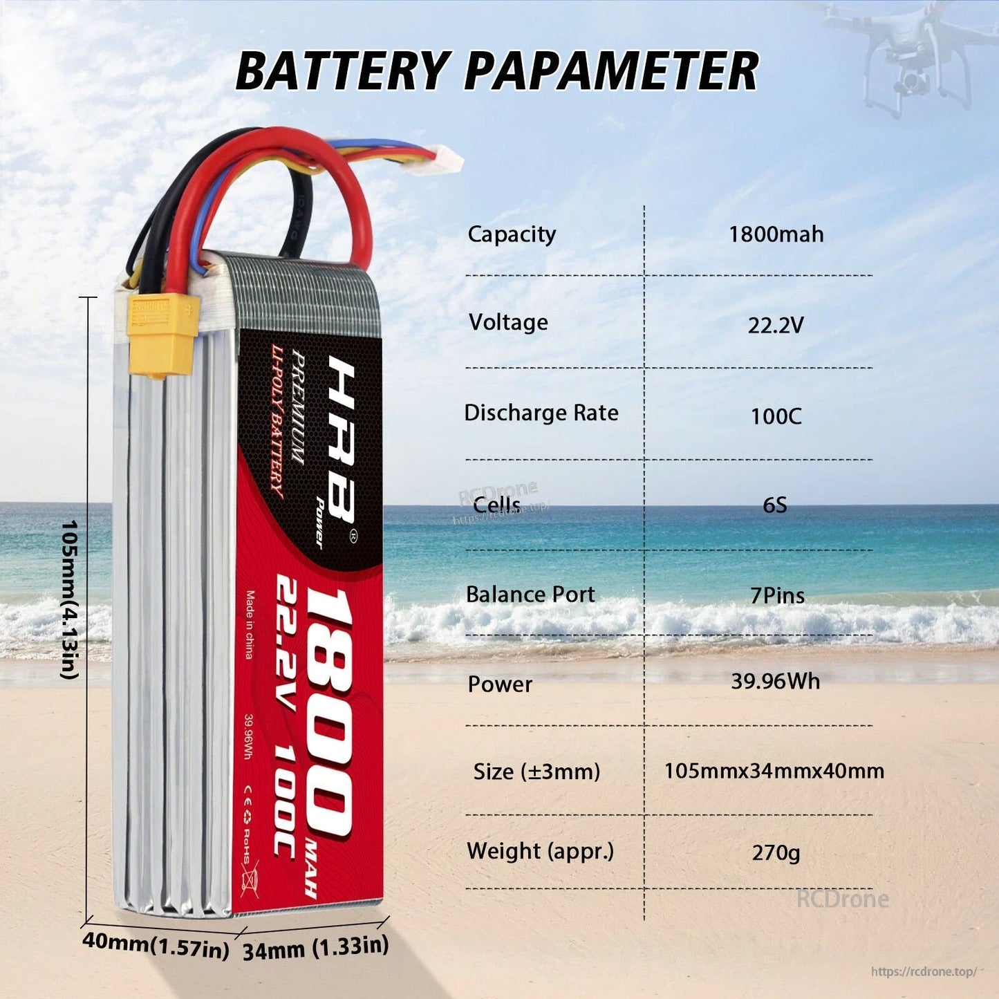 Battery parameter chart for HRB 6S 22.2V 1800mAh 100C LiPo, 7-pin balance port, 105x34x40mm, 270g