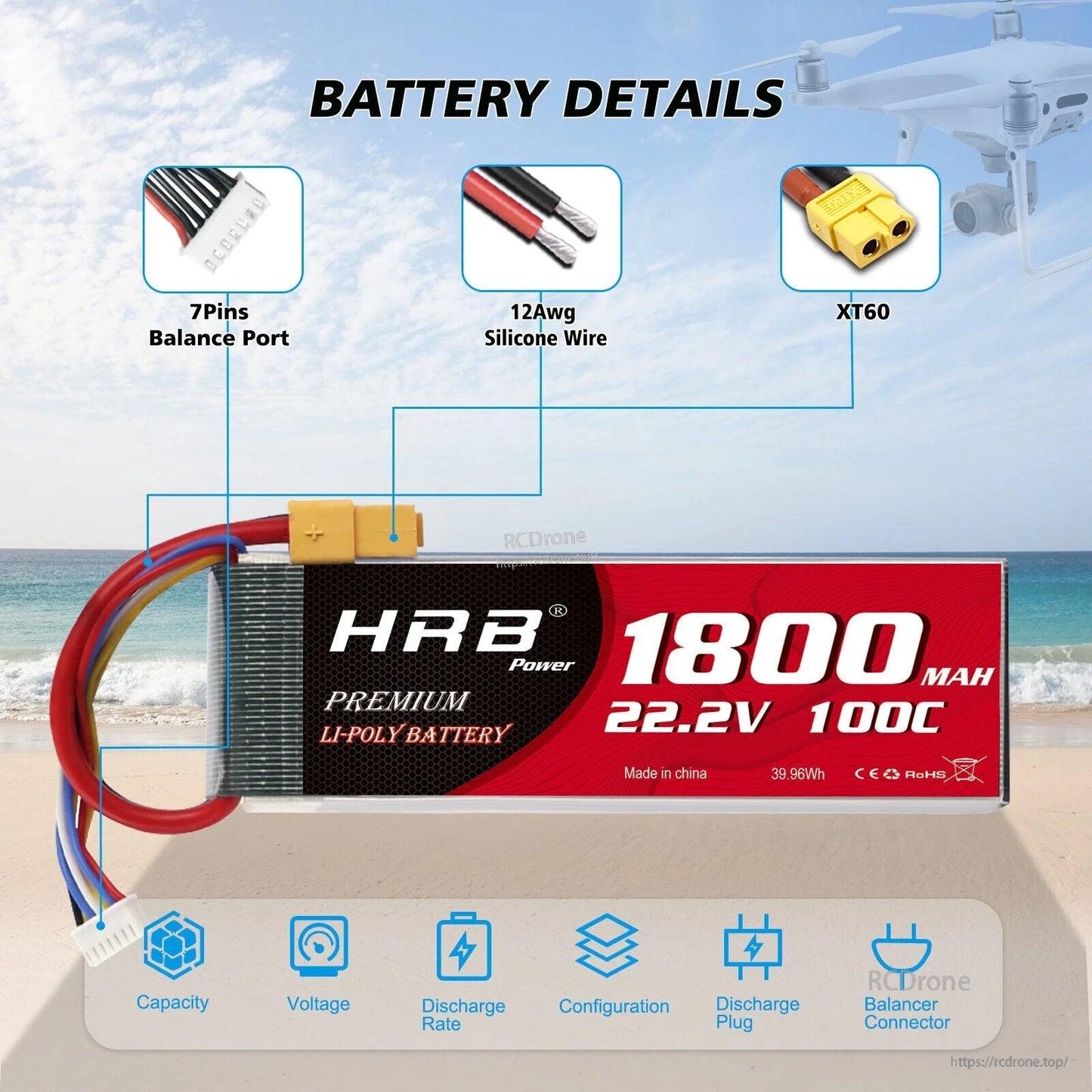 Battery details graphic showing 7-pin balance port, 12AWG silicone wire and XT60 connector