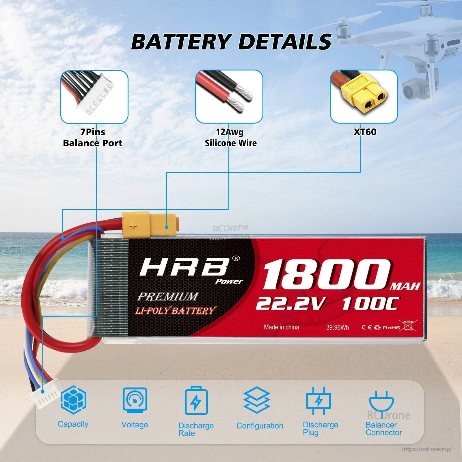 Battery details graphic showing 7-pin balance port, 12AWG silicone wire and XT60 connector