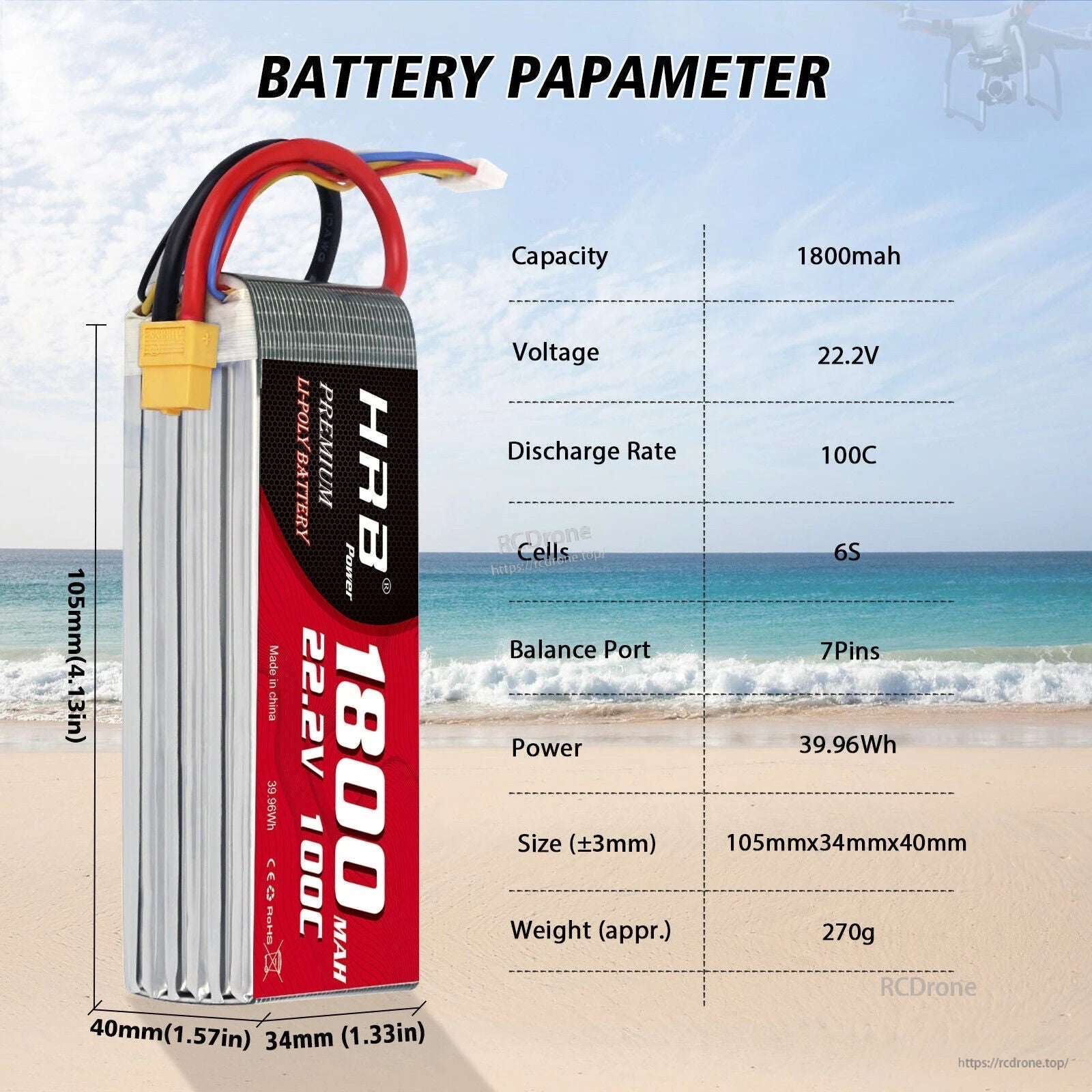 HRB 6S 22.2V 1800mAh LiPo battery spec chart with 100C discharge, 39.96Wh, size and weight