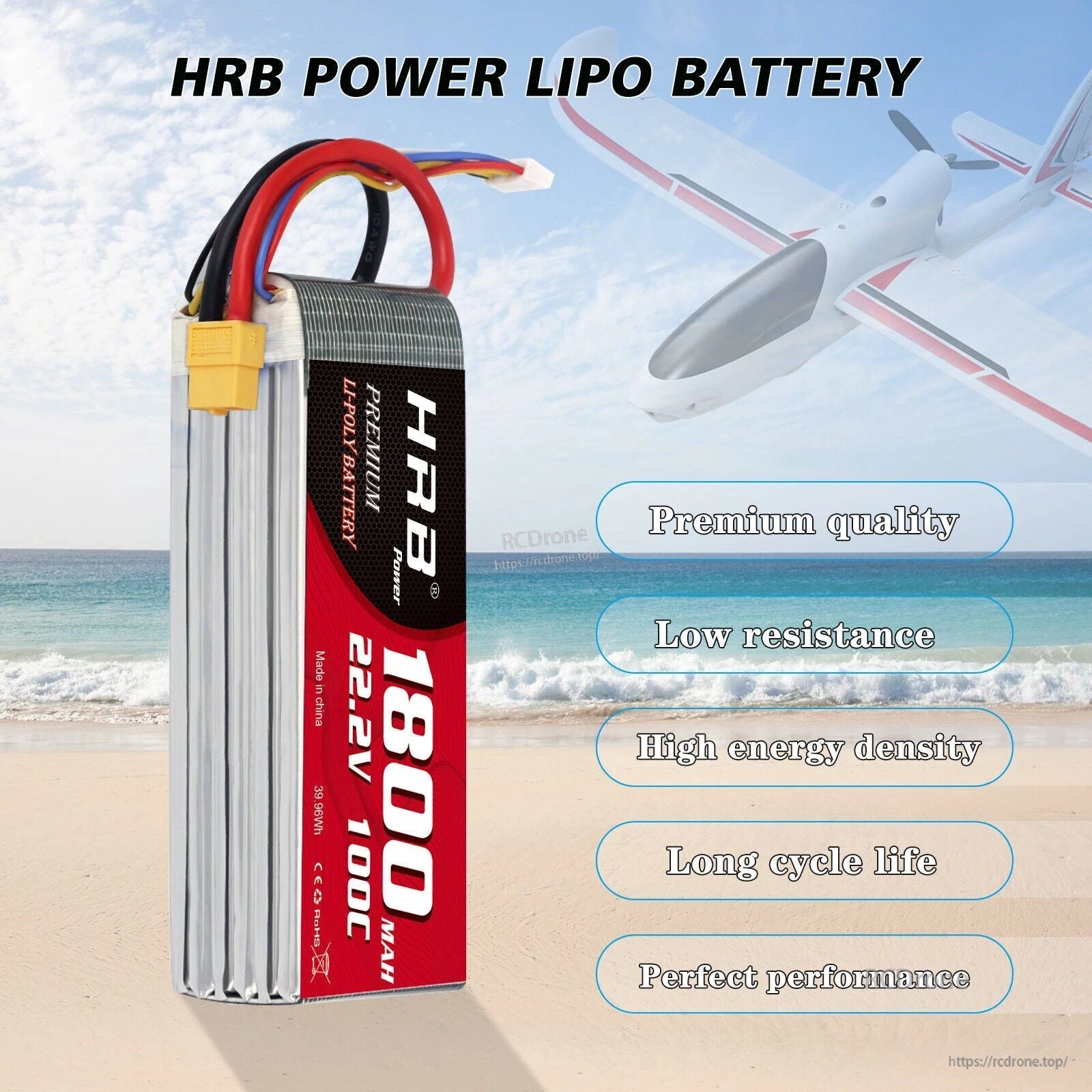 HRB Power 6S 22.2V 1800mAh LiPo battery product graphic listing premium quality, low resistance, high energy density