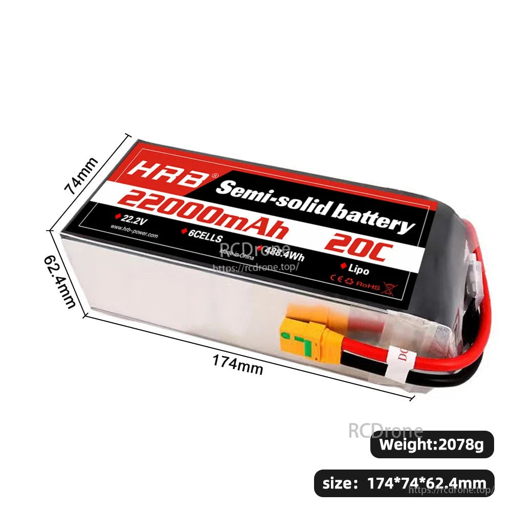 Semi-solid 6-cell LiPo battery label showing 22.2V, 22000mAh, 20C and 488.4Wh with size overlay