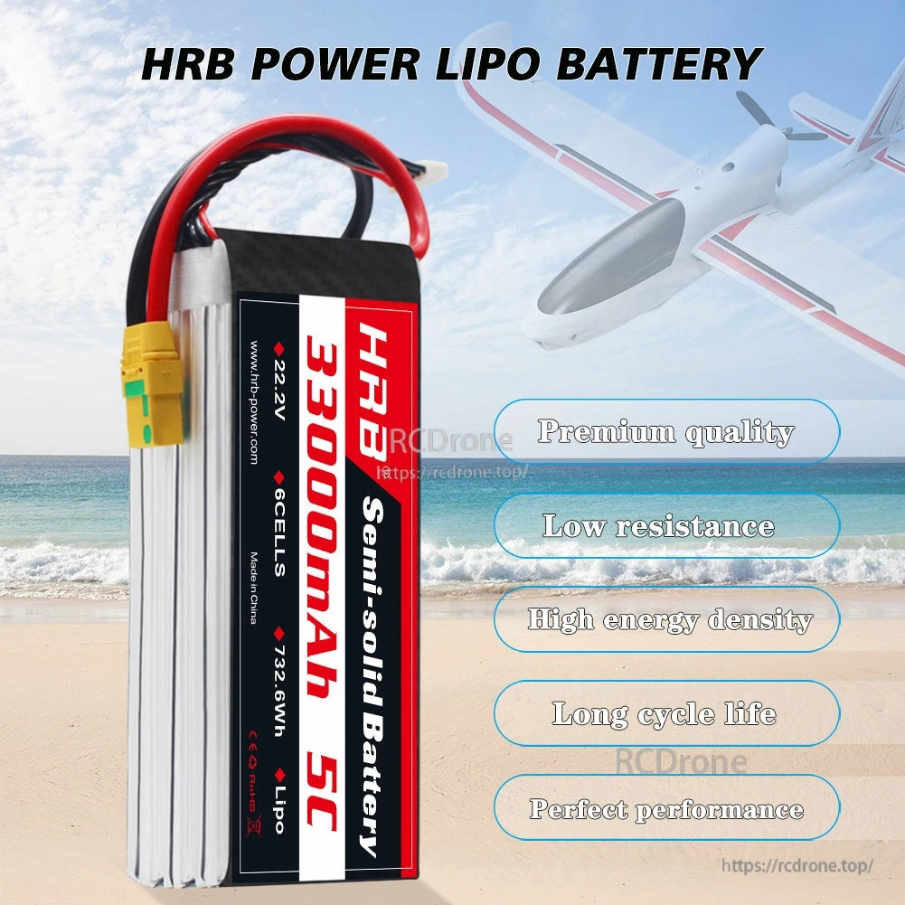 HRB 6S 22.2V 33000mAh 5C Semi-solid LiPo Battery XT90S, 732.6Wh, 195×78×72mm for RC UAV