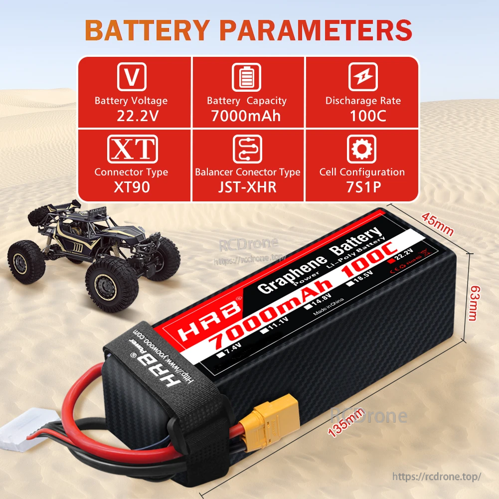 HRB Graphene LiPo Battery 6S 22.2V 7000mAh pack with 100C rate, XT90 plug, and size guide