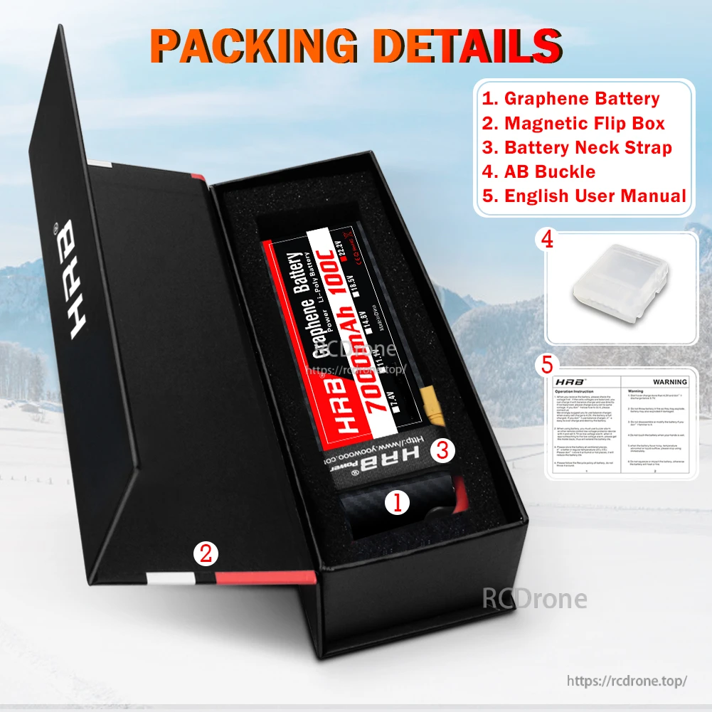 HRB battery packing details: magnetic flip box with battery, neck strap, AB buckle, and English user manual