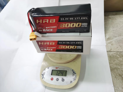 HRB 6S 22.2V 8000mAh LiPo battery shown on digital scale with retail box underneath