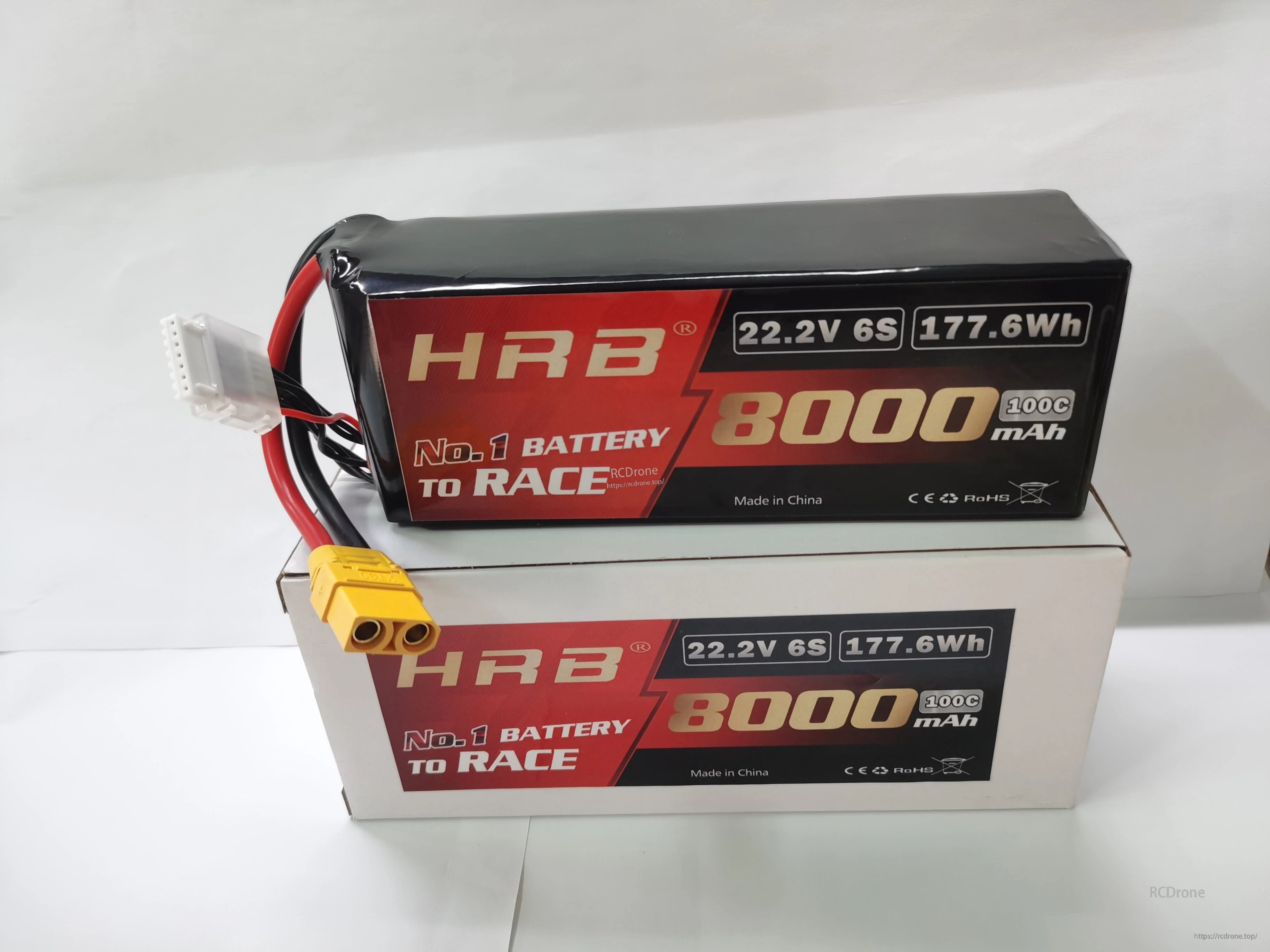 Close-up of HRB battery label: 22.2V 6S, 177.6Wh, 8000mAh, 100C, “No.1 BATTERY TO RACE”