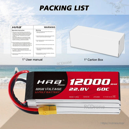 Packing list showing HRB LiPo battery, user manual, warning sheet, and carton box