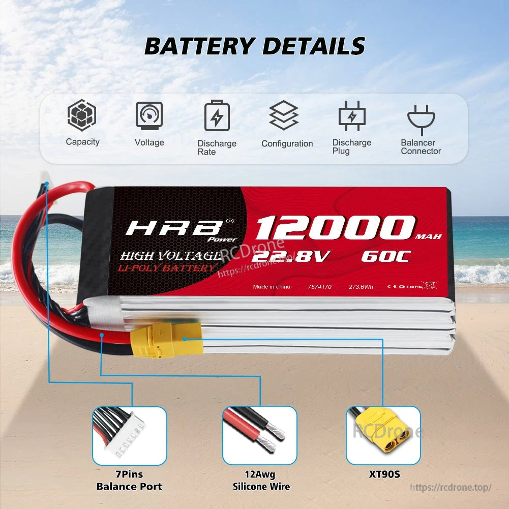 Battery details graphic showing 7-pin balance port, 12AWG silicone wire, and XT90S plug