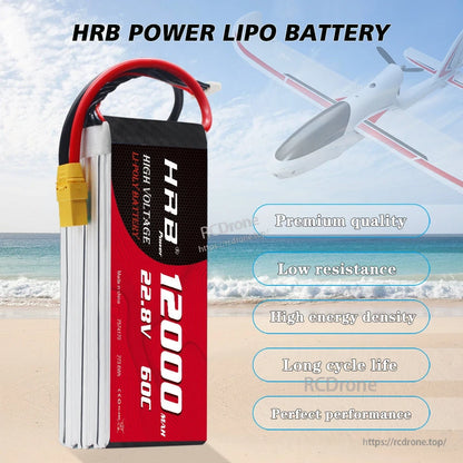 Side view of HRB Power 6S LiPo battery with attached leads, shown with RC airplane graphic