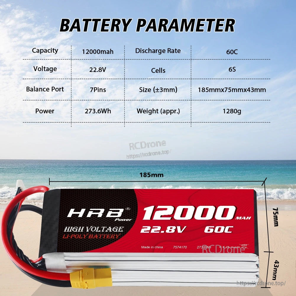 HRB 6S 22.8V 12000mAh 60C LiPo battery parameter chart with size 185×75×43mm and 1280g weight