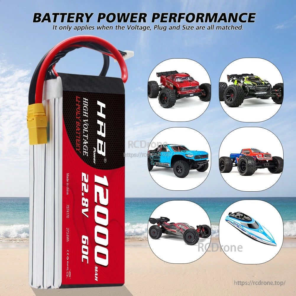 Side view of HRB high-voltage LiPo battery with yellow XT-style discharge plug and RC car/boat/plane icons