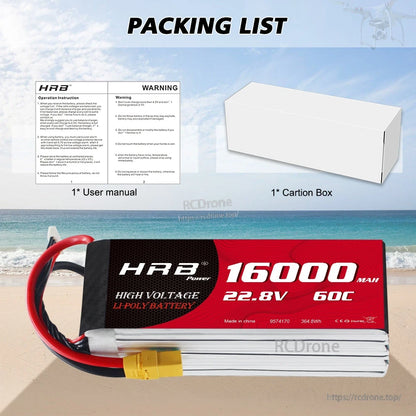 Packing list showing included user manual and carton box with HRB 16000mAh 22.8V battery