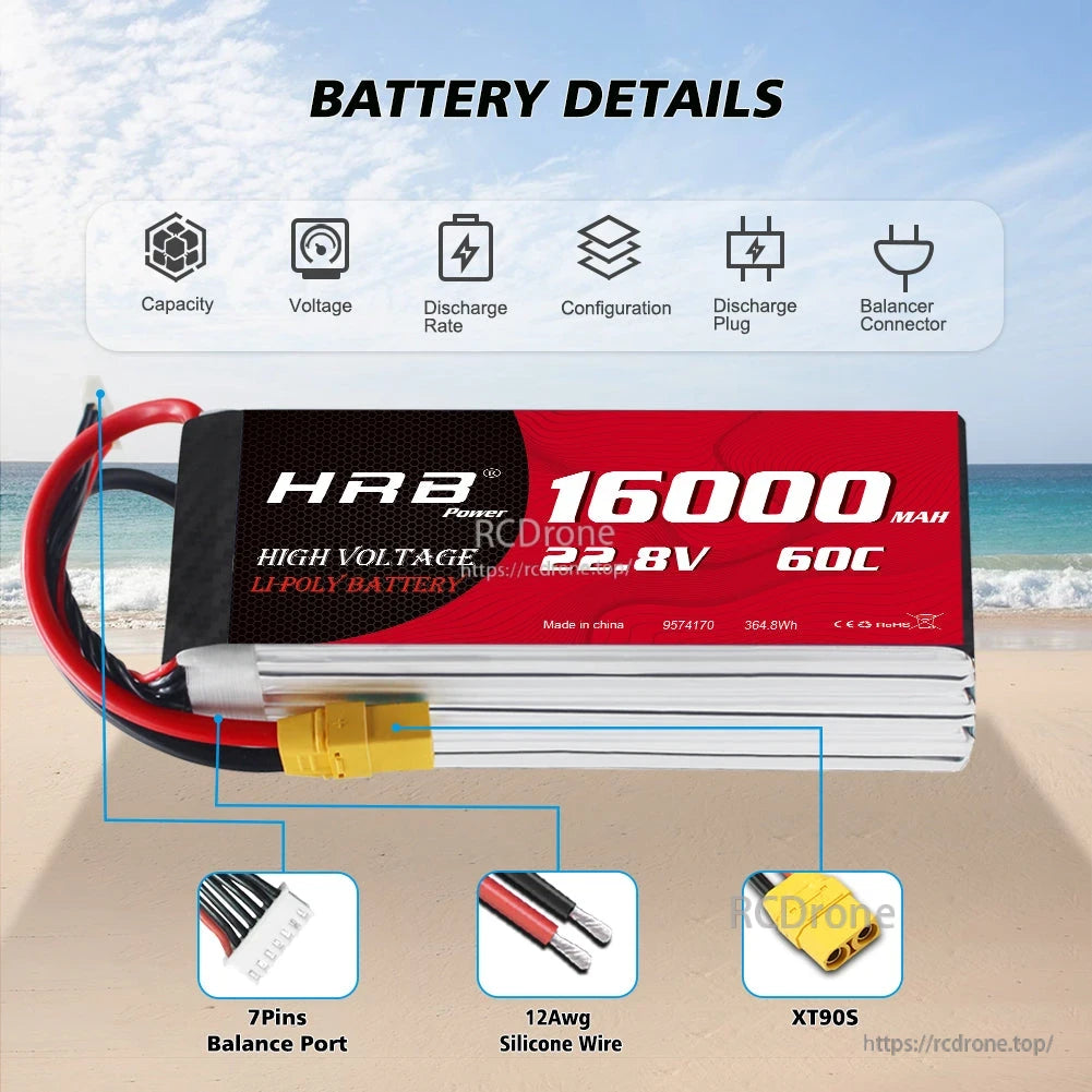 Battery details graphic showing 7-pin balance port, 12AWG silicone wire, and XT90S discharge plug