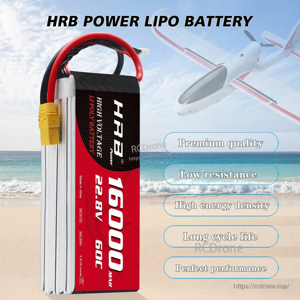 Side view of HRB high-voltage 6S LiPo battery pack, 22.8V 16000mAh 60C, with discharge lead