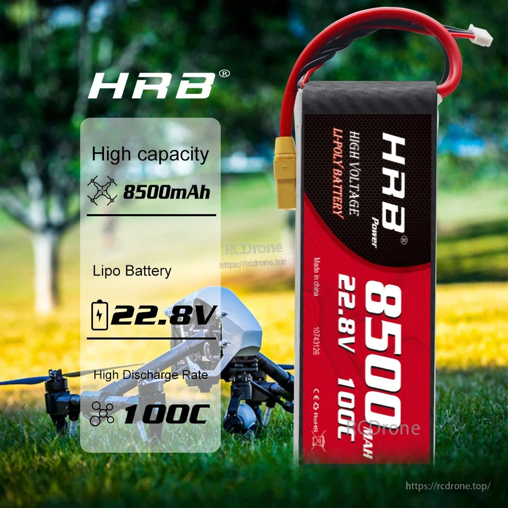 HRB 6S 22.8V 8500mAh 100C HV LiPo battery shown upright with drone application icons