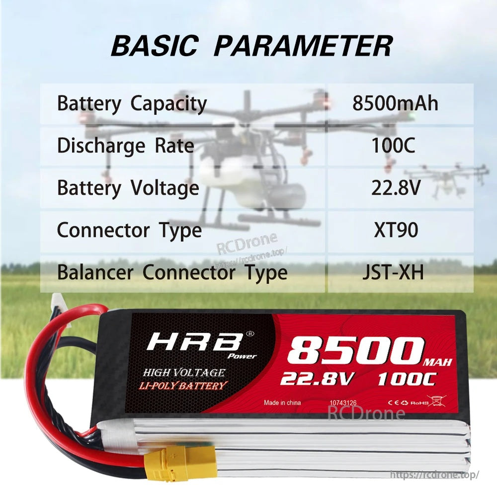 HRB 6S 22.8V 8500mAh 100C HV LiPo Battery with XT90 plug and JST-XH balance lead key specs graphic