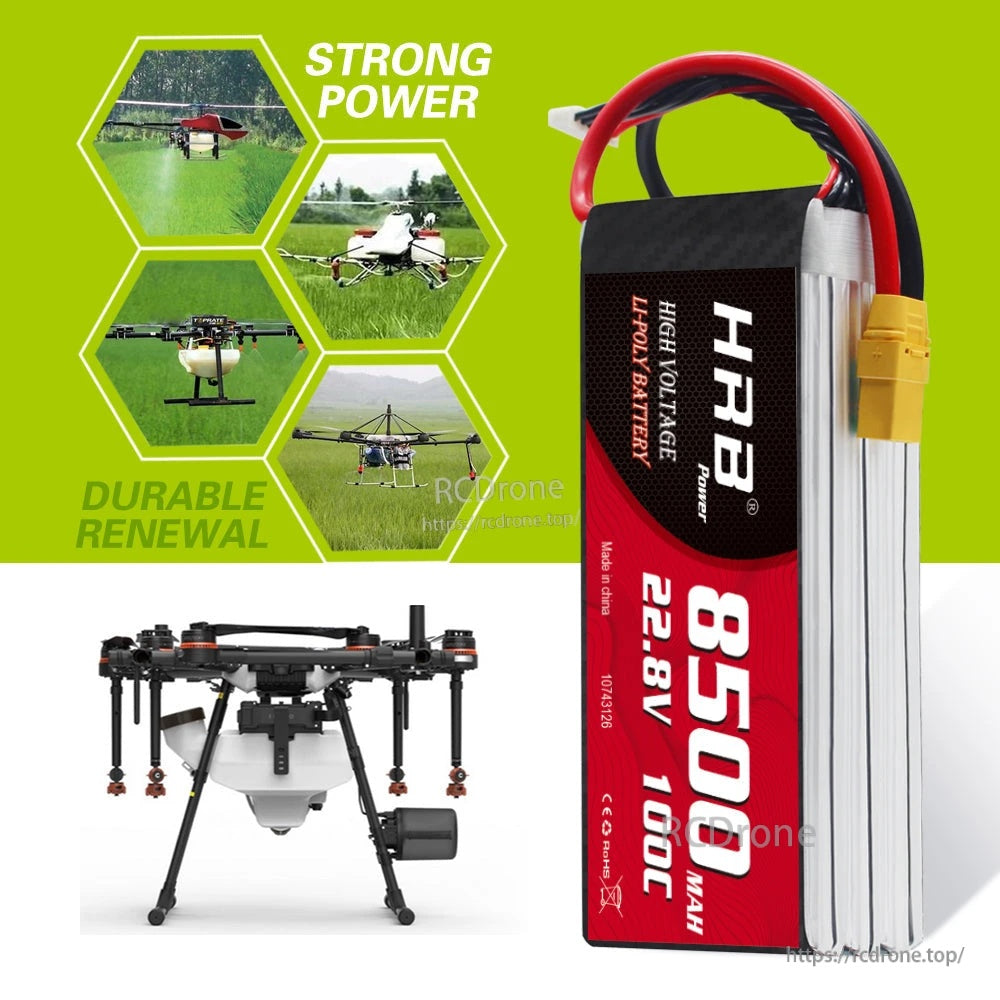 HRB 22.8V 8500mAh 100C HV LiPo battery application graphic for UAV/drone power systems emphasizing strong output